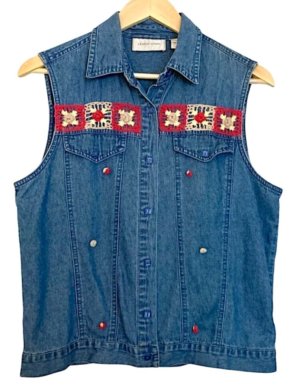Vintage LEMON GRASS Sleeveless Denim Vest with Crocheted Trim